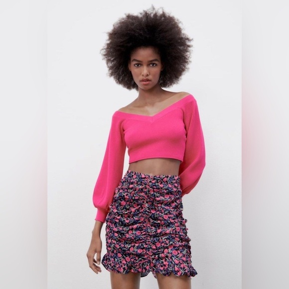 Zara Pink & Black Coquette Girl Floral Draped mini skirt size xs - Picture 2 of 7